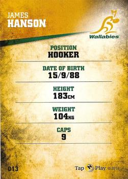 2016 Tap 'N' Play Rugby Trading Cards #13 James Hanson Back